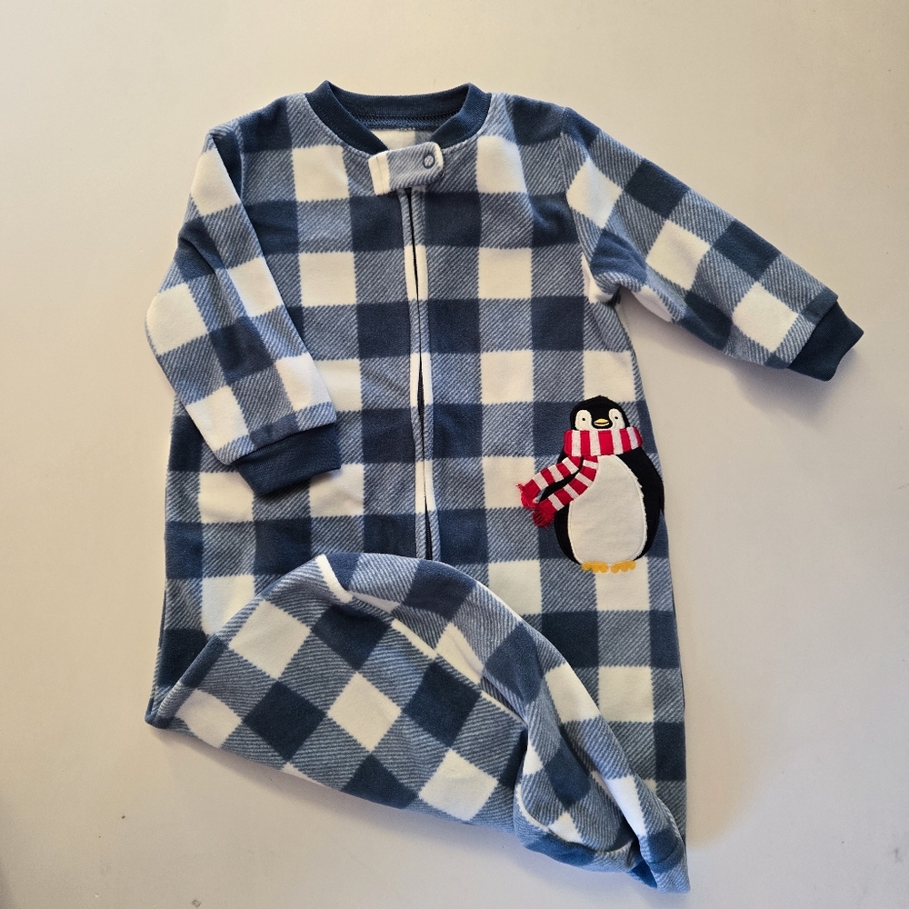 Carter's Fleece Blue and White Checkered Baby Sleep Sack w Penguin Applique 0-9m